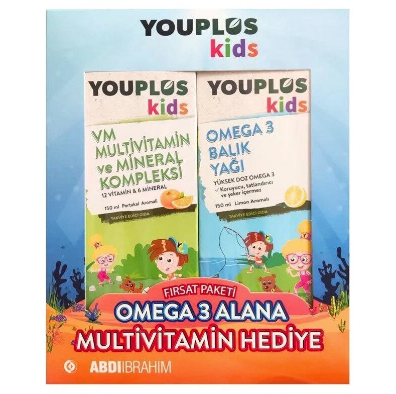 ABDİ İBRAHİMVİTAMİN-MİNERALLERYouplus Kids Omega 3 Balık Yağı 150 ml + Kids VM 150 ml - Omega 3 Alana Multivitamin Hediye Etiketli