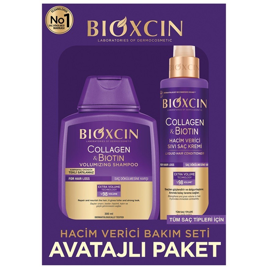 BİOXCİNSAÇ BAKIM ÜRÜNLERİBioxcin Collagen & Biotin Hacim Verici Bakım Seti - Şampuan 300 ml + Sıvı Saç Kremi 200 ml