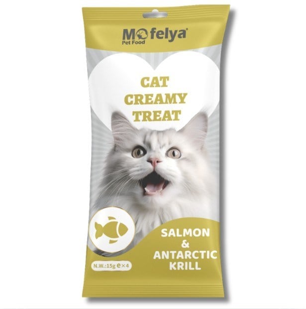 MOFELYASEVİMLİ DOSTLARIMIZMofelya Yüksek Proteinli Somonlu & Antartika Krilli Krem Kedi Ödül Maması 15 gr 4'lü