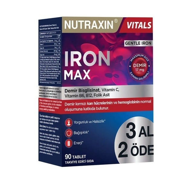 NUTRAXINVİTAMİN-MİNERALLERNutraxin Iron Max 90 Tablet - 3 Al 2 Öde