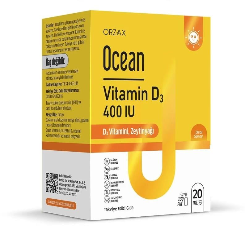 ORZAXVİTAMİN-MİNERALLEROrzax Ocean Vitamin D3 Sprey 400 IU 20 ML
