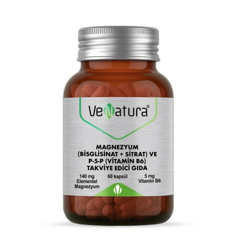 VENATURAVİTAMİN-MİNERALLERVenatura Magnezyum (Bisglisinat+Sitrat) ve P5P (Vitamin B6) 60 Kapsül