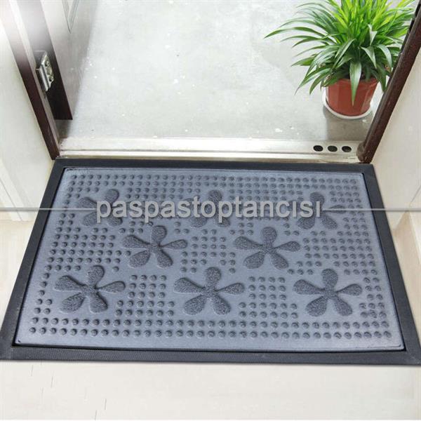 Kapı Paspası Halı Paspas Çiçekler Gri