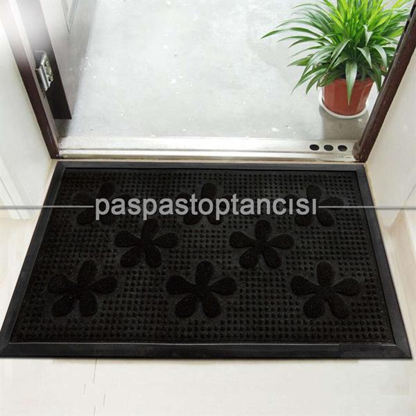 Kapı Paspası Halı Paspas Çiçekler Siyah