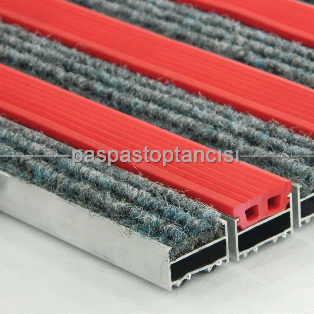 Alüminyum Metal Paspas Halı ve Lastik Fitilli Kırmızı - Gri