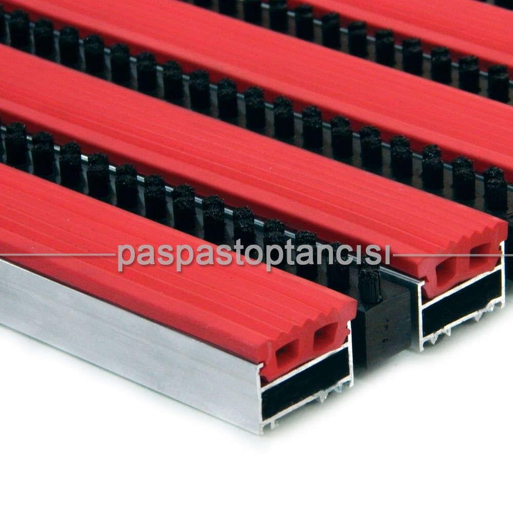 Alüminyum Metal Paspas Lastik Fitilli ve İnce Fırçalı Siyah - Kırmızı