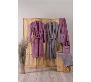 Cotton Box Bambu 3D Nakışlı Aile Bornoz Seti Violet Mürdüm-Gri