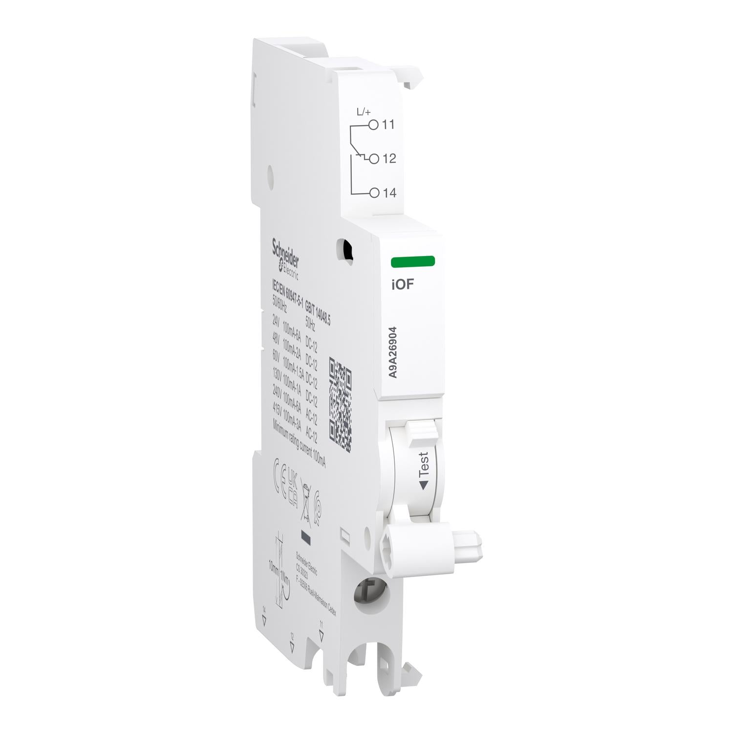 A9A26904 Auxiliary contact, Acti9 A9A, iOF, 1 C/O, 100mA to 6A, 24VAC to 415VAC, 24-130 VDC, bottom connection