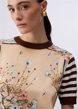 Floral Desenli Çizgili Bluz
