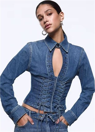 Bağcıklı Denim Gömlek
