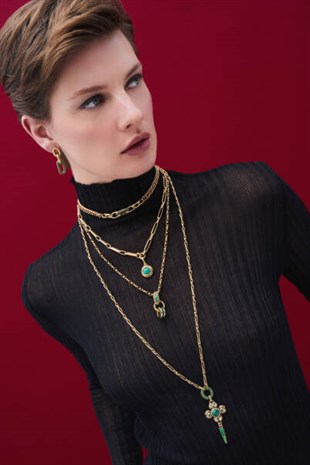 Malachite Doğaltaş Charm Altın Kaplama Zincir Kolye