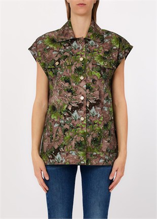 Floral Desenli Denim Yelek