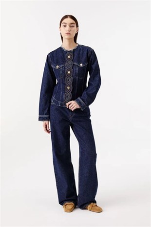 Bel Detaylı Denim Pantolon