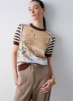 Floral Desenli Çizgili Bluz