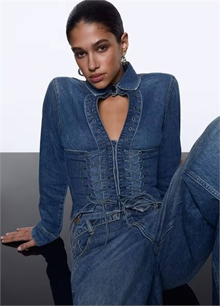 Bağcıklı Denim Gömlek