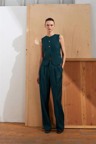 Yüksek Bel Pileli Yeşil Pantolon