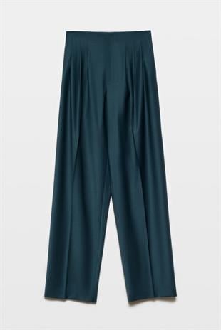 Yüksek Bel Pileli Yeşil Pantolon