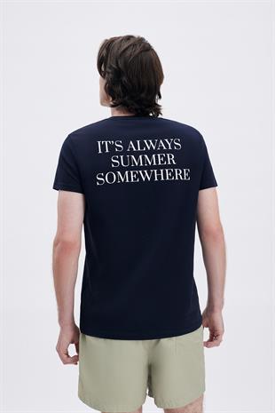 Sloganlı Lacivert T-shirt