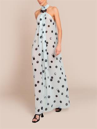Halter Yaka Puantiyeli Uzun Elbise