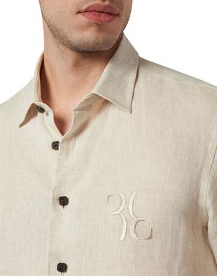 Bej Kısa Kollu Keten Gömlek