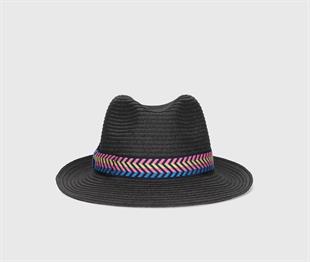 Renkli Şerit Detaylı Siyah Fedora Şapka