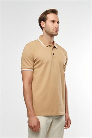 Beyaz Biye Detaylı Bej Polo Yaka T-shirt