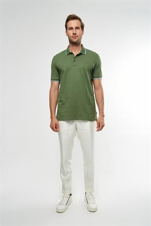 Beyaz Biye Detaylı Yeşil Polo Yaka T-shirt