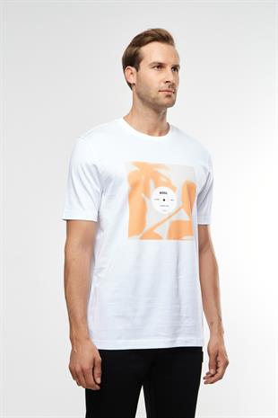 Beyaz Desenli Bisiklet Yaka T-shirt
