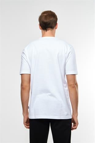Beyaz Desenli Bisiklet Yaka T-shirt