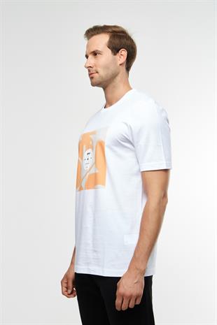 Beyaz Desenli Bisiklet Yaka T-shirt