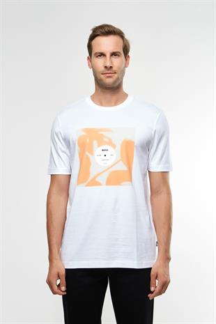 Beyaz Desenli Bisiklet Yaka T-shirt