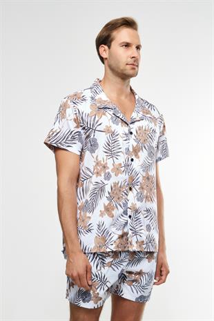 Floral Desen Beyaz Kısa Kollu Gömlek