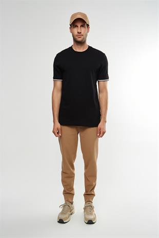 Kol Detaylı Siyah Bisiklet Yaka T-shirt