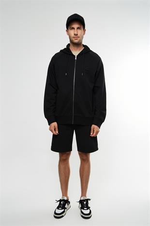Logo Detay Siyah Fermuarlı Sweatshirt