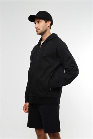 Logo Detay Siyah Fermuarlı Sweatshirt