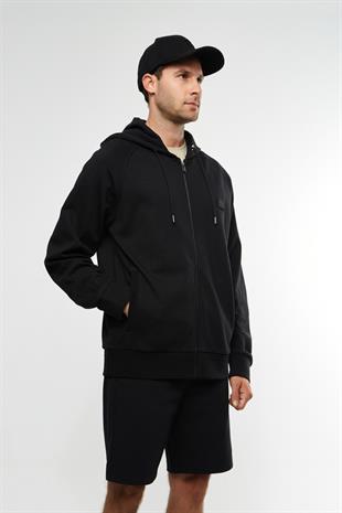 Logo Detay Siyah Fermuarlı Sweatshirt