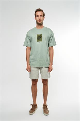 Yeşil Desenli Bisiklet Yaka T-shirt