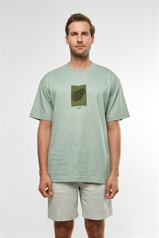 Yeşil Desenli Bisiklet Yaka T-shirt