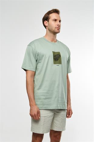 Yeşil Desenli Bisiklet Yaka T-shirt