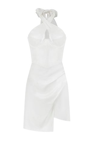 Halter Yaka Ekru Elbise