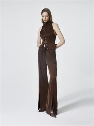 Paça Detaylı İpek Kahve Pantolon