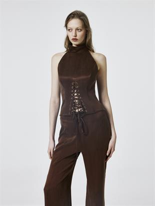 Paça Detaylı İpek Kahve Pantolon