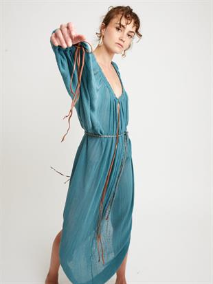 Bağcık Detaylı Balon Kol Midi Elbise