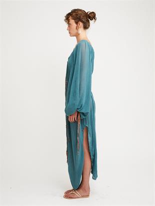 Bağcık Detaylı Balon Kol Midi Elbise