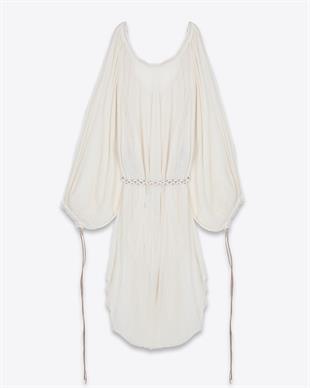 Beyaz Bağcık Detaylı Balon Kol Midi Elbise