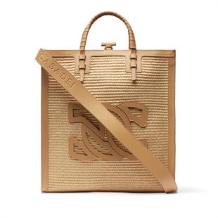 Bej Deri Geçişli Hasır Çanta