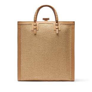 Bej Deri Geçişli Hasır Çanta