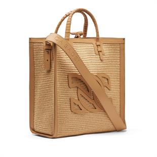 Bej Deri Geçişli Hasır Çanta