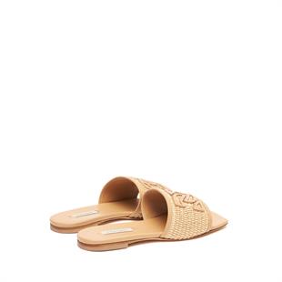 Bej Deri Geçişli Hasır Terlik