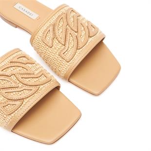 Bej Deri Geçişli Hasır Terlik